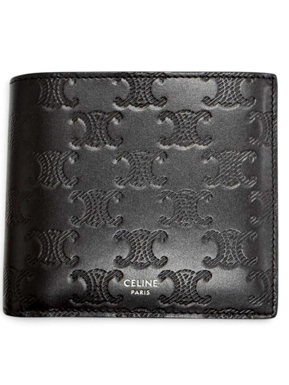 Celine Calfskin Triomphe Embossed Compact Wallet Bifold Black